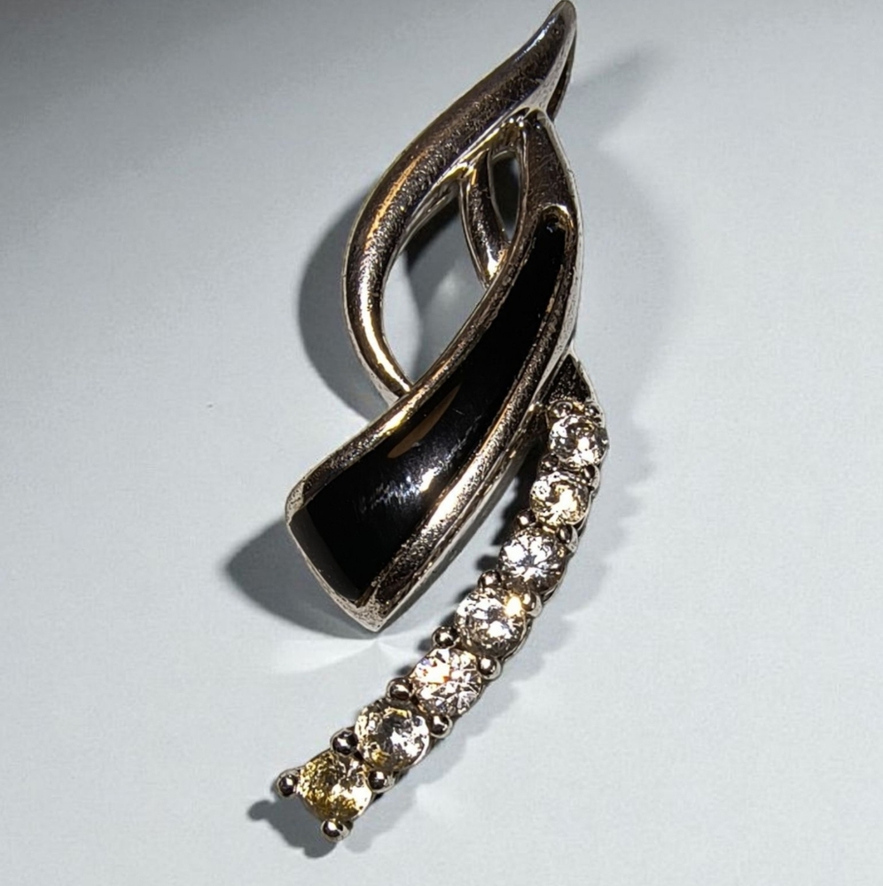 Vintage Sterling Silver Black Onyx & White Topaz Abstract Pendant